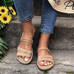 Slippers Summer Women Girls Bohemian Style Flat Casual Sandals Ladies Solid Color Straw Linen Elegant Beach Shoes