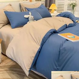 Bedding Sets Nordic Style Simple Solid Colour 4Piece Soft Washed Cotton Bed Linen Quilt Er Pillowcase Double 3Piece 230213 Drop Deliv Dhnxs