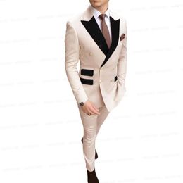 Men's Suits Formal Double Breasted Beige Suit For Men Gentleman Tuxedo Wedding Groom Dress Black Velvet Lapel Blazer With Pants Set