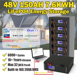 48V 150Ah 100Ah 200Ah LiFePO4 Battery Pack 51.2V 10KWh built in 16S 200A RS485 CAN Max 32 Parallel 6000+ Cycles