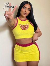 Dress Joskaa Embroidery Patchwork Yellow Crop Tank Top and Mini Skirts Two Piece Set Women Clothing Summer 2022 Sexy Club Outfits