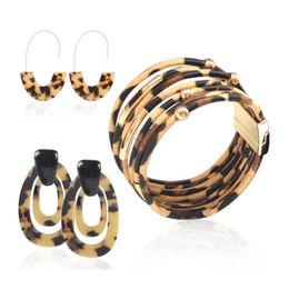 Necklace Earrings Set & Acrylic Leopard Jewellery For Women Leather Bracelet Teardrop Drop Dangle Fashion Wide SetEarrings
