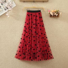 Dresses Chiffon Tulle Skirt Women Kawaii Love Heart Printed Mesh Midi High Waist A Line Cute Skirt Preppy Woman Korean Fashion Clothes