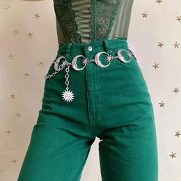 Belts Women Fashion Belt Hip High Waist Gold Silver Narrow Metal Chain Gothic Moon Sliver Pendant Female Vintage