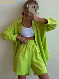 Women's Tracksuits Summer Two Piece Set Women Shorts Suit Green Lapel Long Sleeve Shirts Sets Female Elegant Casual High Waist Pants Lady Outfits 230427