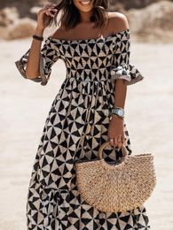 Casual Dresses Summer Off The Shoulder Boho Long Dress Spring Elegant Geometric Print Party Sexy Slash Neck Flare Sleeve Maxi Women