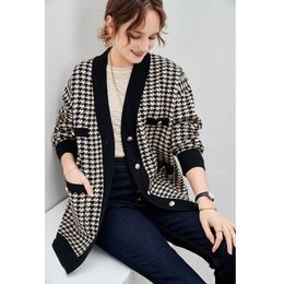 Cardigans IOO 2022 New Arrival Oversize Women Contrast Trim Houndstooth Printed Vneck Loose Cardigan Brand Free Shipping