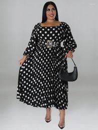 Plus Size Dresses A Line 4XL 5XL Polka Dot Long Sleeve Green High Waist Pleated Office Lady Evening Event Midi Outfits For Women