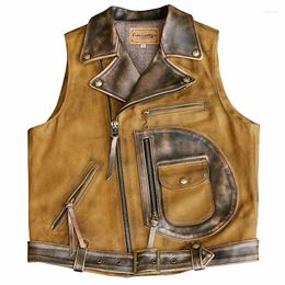 Men's Vests Japanese Genuine Leather Canvas Vest Cowhide Stitching Oil Painting Retro Motorcycle Biker Waistcoat Punk Sleeveless Jackets