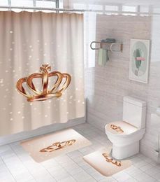 Shower Curtains Pink Crown Flowers Printed Curtain Set Simple Marble Bath Bathroom Decor With Hooks Antislip Bathing Mats Rugs3942596