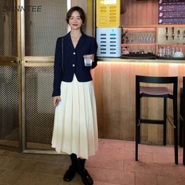Pants Blazers Women Slim Elegant Gentleness Korean Style Office Lady 2022 New Spring Fashion Long Sleeve Notched Singlebreasted Navy