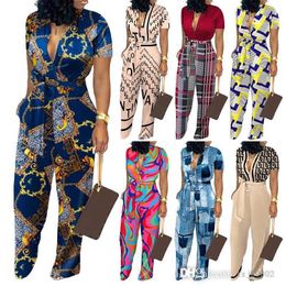 Plus Sizes Designer Women Wide Leg Jumpsuits Sexy Contrast Color Patchwork Fashion Printed Button Cardigan Rompers