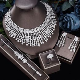 Necklace Earrings Set Luxury Nigerian Dubai 4 PCS Big Bridal Jewellery White Cubic Zirconia Tassel For Wedding Prom Accessories