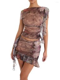 Two Piece Dress Women Y2K Ruffle Fringe Skirt Sets Sheer Mesh Sleeveless Crop Tank Tops Mini Outfit Summer Set