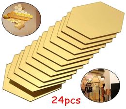 24pcs Hexagon Mirror Sticker Gold Self Adhesive Mosaic Tiles Wall Sticker Decals DIY Bedroom Living Room Bathroom Home Decor 220506481844