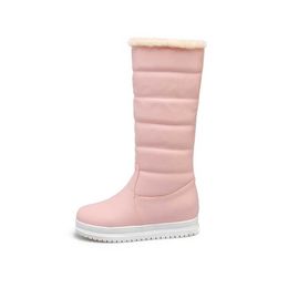 Winter Mid-Calf Boots Women Flat Heel Knee High Boots Winter Plus Warm Snow Boots Slip On Ladies Shoes White Black Pink