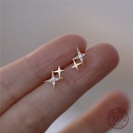 Stud 925 Sterling Silver Japanese Micro Inlaid Crystal FourPointed Star Plating 14k Gold Earrings Women Small Cute Banquet Jewellery 230426