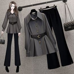 Women's Two Piece Pant Graceful Shirt with Waist Belt Spring Autumn 2023 Office Lady Casual Blouse High Flare Pants Pieces Set Trousers 230426