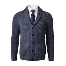 Men s Sweaters Shawl Collar Cardigan Sweater Slim Fit Cable Knit Button up Merino wool with Pockets 231127