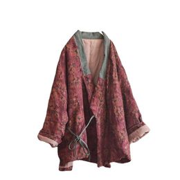 Parkas Cotton Linen Floral Parkas Women Winter Thicken Kimono Coat Chinese Style V Neck Baggy Outerwear Vintage Warm Padded Coats