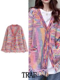 Cardigans TRAF Women 2022 Rainbow Color Knitted Sweater Coat Fashion Tassel Decoration Cardigan Vintage Single Button Causal Tops