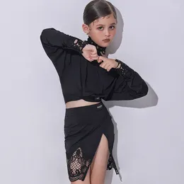 Stage Wear 2023 Latin Dance Costumes For Girls Children High-End Black Long Sleeved Lace Skirt Suit Samba Tango Dress