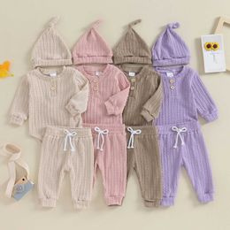 Clothing Sets Autumn Infant Baby Girls Clothes Outfits Solid Colour Long Sleeve Rompers and Elastic Pants Beanie Hat Fall Set