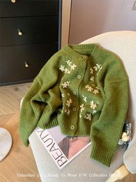 Women's Knits American Vintage Cosy Cardigan Bohemian Flower Embroidery Autumn Winter Prairie Chic Sweater Green Cashmere Top 2000s