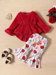 Clothing Sets 2PCS Winter Kids Design Girls Ruffle Long Wide Sleeve Top and Floral Print Flared Pants Set 3-24M Baby Clothing