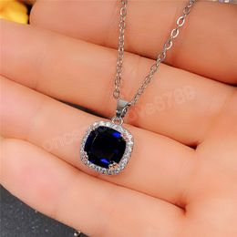 Classic Princess Sapphire Cubic Zirconia Shiny Necklace For Women Banquet Party Fashion Jewellery Gift