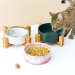 Feeding Dog Bowl Ceramic Feeder Marbling Dish Pet with Wooden Stand Drinking Water NonSlip No Spill Bowl for Cat Puppy Feeding Supplies