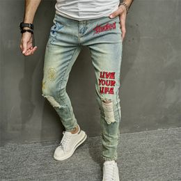 Men's Skinny jeans Casual Slim Biker Jeans Denim Vintage Knee Holes Distressed Scratched Pattern Words hiphop Ripped Pants Washed Middle Weight Pencil Pants
