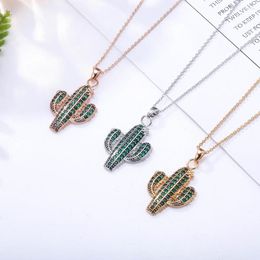 Pendant Necklaces Cubic Zirconia Cactus Necklace For Women Gold Colour Cute Plant Choker Collier Femme Jewellery 2023