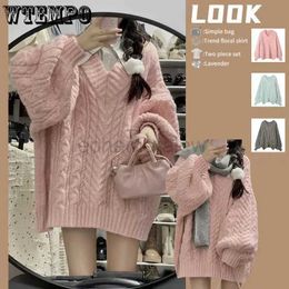 Women's Sweaters Women Sweater Soft Waxy Knitting Pullover V-neck Loose Lantern Sleeve Sweet Preppy Style Thickened Warm Jumper Autumn and Winter zln231127