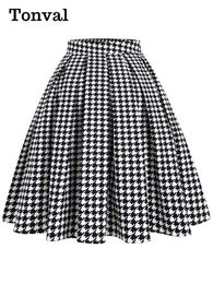 skirt Tonval High Waist Houndstooth Plaid 50s Vintage Fashion Pleated Skirt Women Autumn Winter Knee Length Retro Skirts