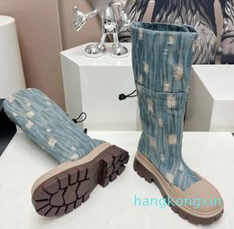 designer boots Women Denim Blue denim Knee Boot high Shoes Platform Heel Leather Winter Fall Riding Cowboy booties Heel height