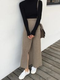 Skirts DEEPTOWN Long Knitted Skirt Women 90s Vintage Elastic Waist Bodycon Korean Fashion Midi With Slit Autumn Casual Femeal