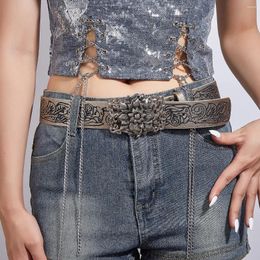 Belts Fashion Y2k Punk Gothic Belt For Man And Women Retro Embossed Flowers Buckle Waist Strap Female Decorated Jeans Dress Waistband