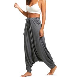 Capris Women Drop Crotch Baggy Harem Pants With Drawstring Casual Loose Full Length Pants Hippie Balloon Pants Trouser S2XL