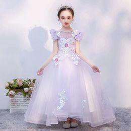 Beautiful purple Ball Gowns Princess Kids Wedding Dresses Lace Appliques Pearl Long train Girls Pageant Gown Tulle Flower Girl Dress 3D floral Girl Communion Dress