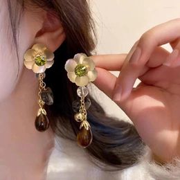 Stud Earrings Vintage Hong Kong Style Unique Design Gold Colour Flower Water Drop Tassel Luxury Ear Jewellery Vacation 081