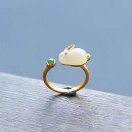 Band Rings 2023 New Opal Animal Rabbit Ring For Women Exquisite Imitation Hetian Jade Cloud Adjustable Ring Party Wedding Jewellery Gifts AA230426