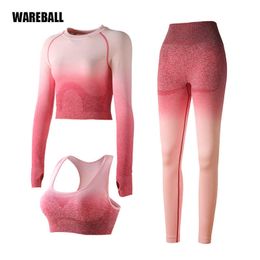 Yoga Outfit Ombre Women Yoga Set Seamless Leggings Long Sleeve Crop Top Sports Bra Running Pants Gym Clothing Fitness Workout Sports Suit P230504