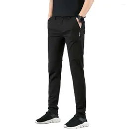 Men's Pants Men Solid Colour Trousers Stylish Mid Waist Slim Fit Breathable Soft Straight Leg With Pockets For Spring