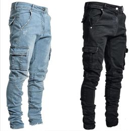 Men's Jeans Men Pants Wash Solid Colour Multi Pockets Denim Mid Waist Cargo Plus Size Daily Wear 2023Fashion Casual Trousers Male 230426