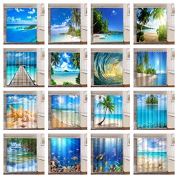Curtains 3D Seaside Sea Beach Shower Curtains Coconut Tree Bathroom Curtain Fabric Waterproof Polyester Bath Curtain with Hooks Cortinas