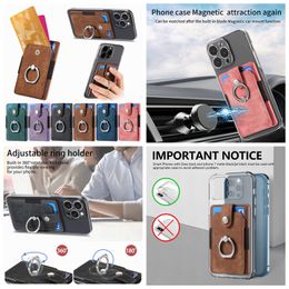 Metal Ring Holder Retro Leather Cases For Iphone 15 14 13 12 Samsung S24 S23 S22 Note 20 ID Back Stick On Phone Cover Universal Card Slot 3M Sticker Support Car Magnetic