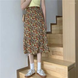 Skirts Spring Chiffon Floral Skirt Female 2023 A-line Korean Style High Waist Mid-length Thin