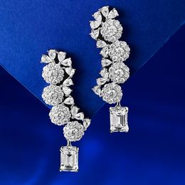 Flower Moissanite Diamond Dangle Earring 100% Real 925 Sterling Silver Wedding Drop Earrings for Women Bridal Jewellery Gift