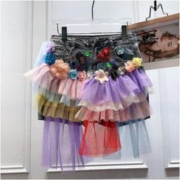 Women's Shorts Chic 3D Flowers Sequins Denim Skirt Ruffles Mesh Spliced Jeans Irregular Gauze Patchwork Floral Cowboy Short Pants